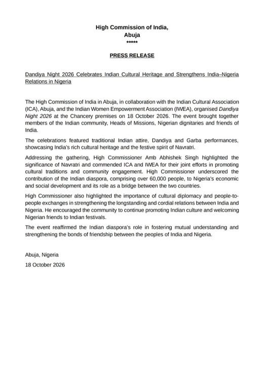 Dandiya Night 2026 Celebrates Indian Cultural Heritage and Strengthens India–Nigeria Relations in Nigeria