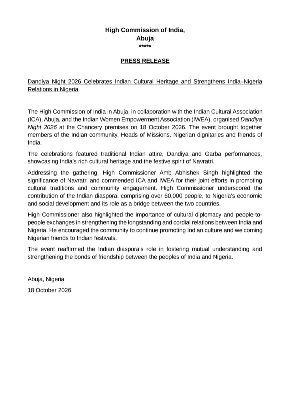 Dandiya Night 2026 Celebrates Indian Cultural Heritage and Strengthens India-Nigeria Relations in Nigeria